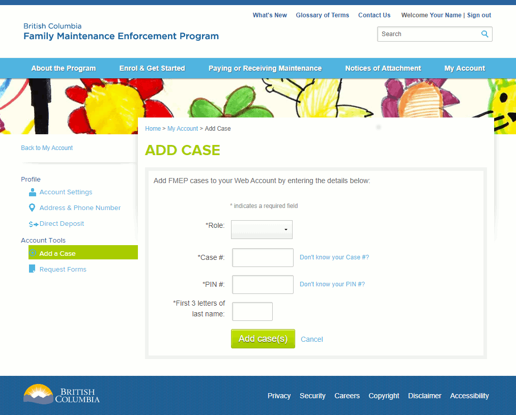 Screenshot of the Add Case page – Recipient or Payor