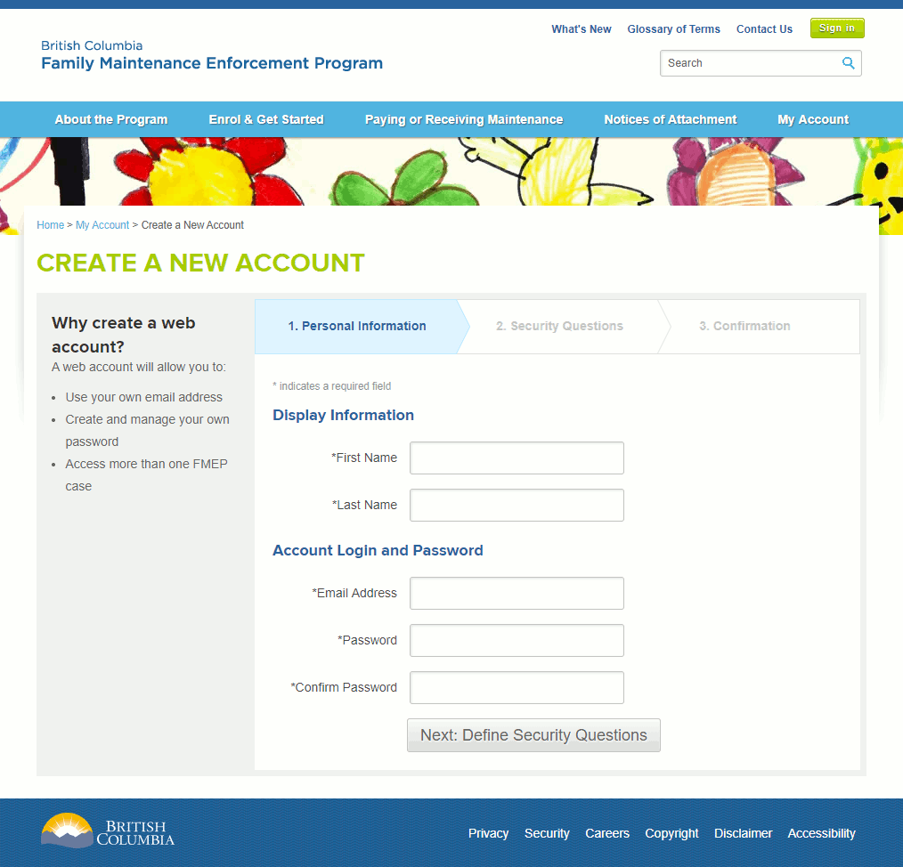Screenshot of Creating Your Account – Step 1
