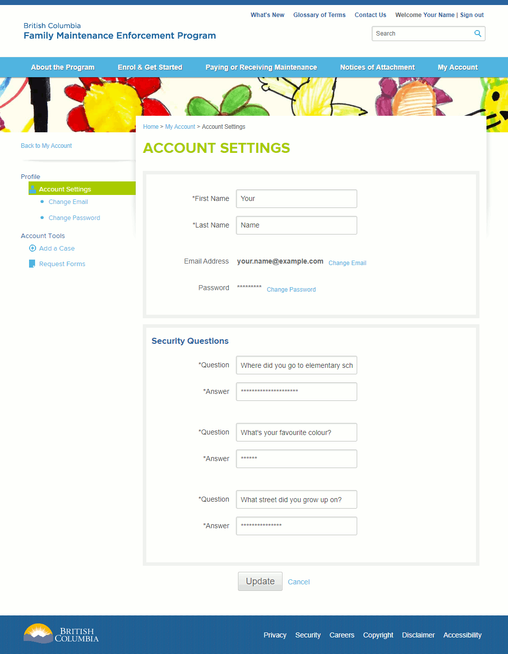 Screenshot of Updating Your Account Settings – Attachee