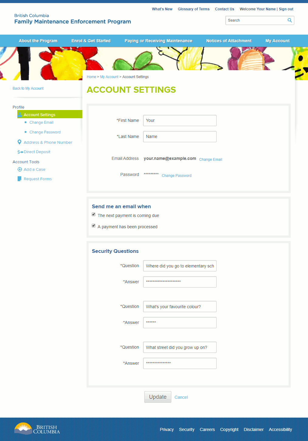 Screenshot of Updating Your Account Settings – Recipient or Payor